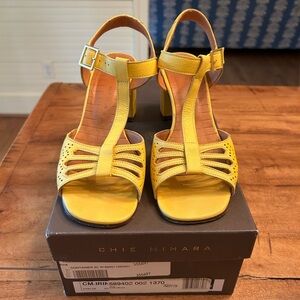 Chie Mihara Yellow Leather T-Strap Block Heel Sandals